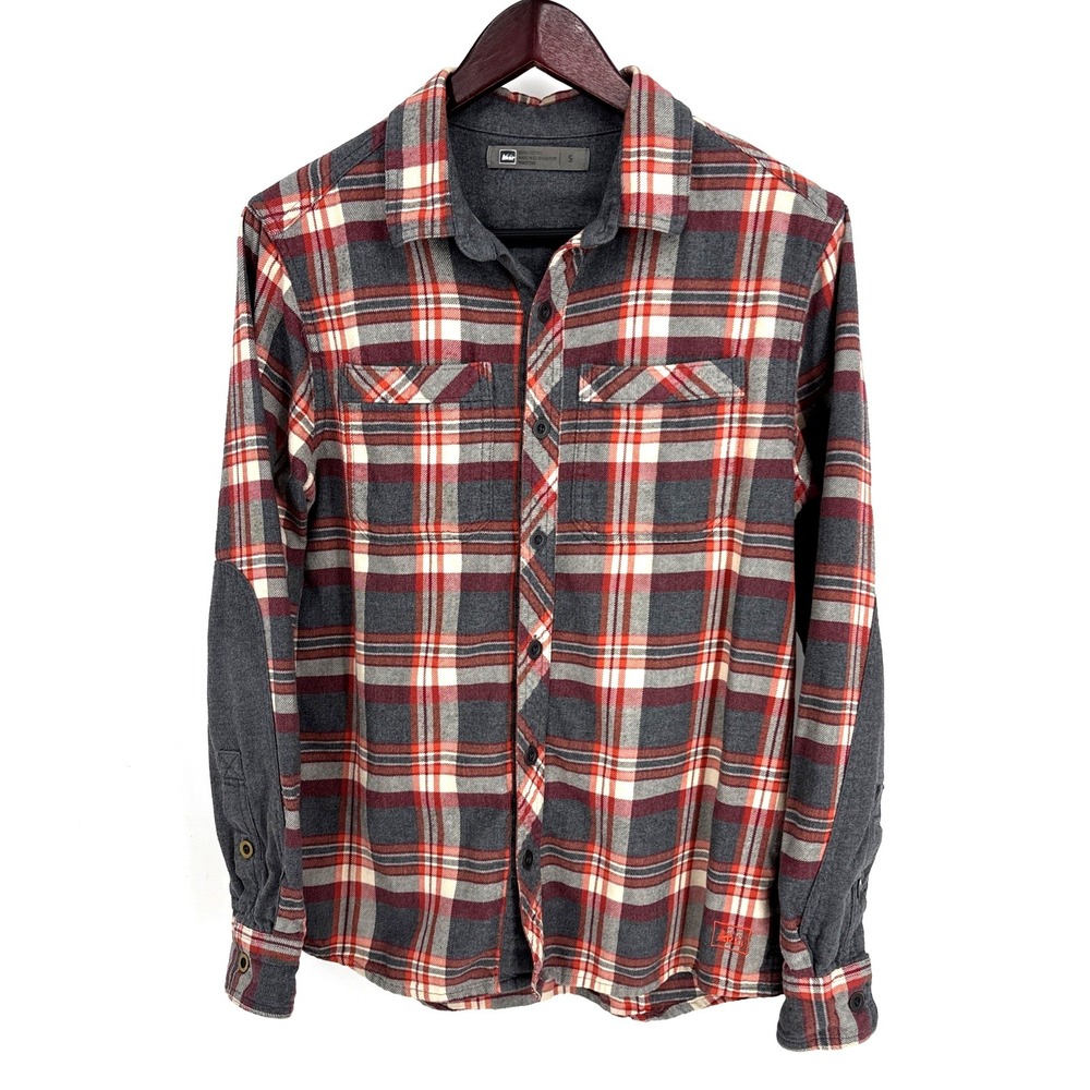 REI Flannel Shirt Men Small Red Gray Wallace Lake Plaid Check Outdoor